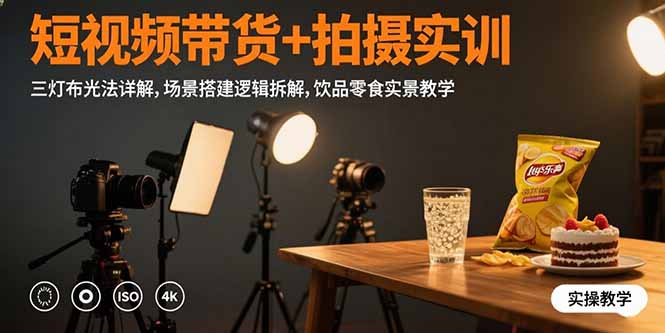 短视频带货+拍摄实训:三灯布光法详解,场景搭建逻辑拆解,饮品零食实景教学